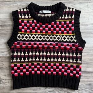 Zara Women's Black and Pink Geometric Fair Isle Sweater Vest